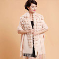 Genuine Wool Shawls Rabbit Fur Ball Thicken Scarf Women Winter Warm Solid Color Pashmina Cape - Beige
