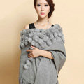 Genuine Wool Shawls Rabbit Fur Ball Thicken Scarf Women Winter Warm Solid Color Pashmina Cape - Gray