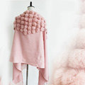 Genuine Wool Shawls Rabbit Fur Ball Thicken Scarf Women Winter Warm Solid Color Pashmina Cape - Pink