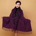 Genuine Wool Shawls Rabbit Fur Ball Thicken Scarf Women Winter Warm Solid Color Pashmina Cape - Purple