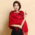 Top Grade Jacquard Flower Long Wool Shawls Scarf Women Winter Thicken Tassels Cape - Red
