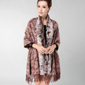 Top Grade Jacquard Weave Wool Thicken Shawls Rex Rabbit Fur Scarf Women Pashmina Cape - Coffee