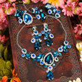 Luxury Banquet Wedding Jewelry Sets Flower Blue Crystal Headdress & Earrings & Bridal Rhinestone Necklace