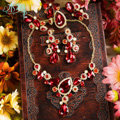 Luxury Banquet Wedding Jewelry Sets Flower Red Crystal Headdress & Earrings & Bridal Rhinestone Necklace