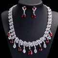 Luxury Banquet Wedding Jewelry Sets Tassel Red Water-drop Diamond Stud Earrings & Bridal Zircon Statement Necklace
