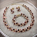 Elegant Wedding Red Gem Alloy Rhinestone Crystal Necklace Earrings Bracelet Set Bridal Party Gift