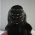 Fashion Woman Silver Alloy Pearl Copper Beads Multilayer Tassel Chain Headband Hair Comb Accessories