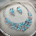 High-end Wedding Blue Peacock Alloy Rhinestone Gem Crystal Bridal Necklace Earrings Sets
