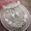 Luxury Bridal Wedding Lace Flower Crystal Bead Rhinestone Freshwater Pearl Tiaras Necklace Earrings Sets