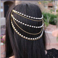 Retro Fashion Woman Golden Alloy Pearl Multilayer Tassel Chain Headband Hair Comb Accessories