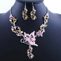 Vintage Wedding Bridal Jewelry Pink Rhinestone Butterfly Floral Gold Plated Chain Necklace Earrings Set