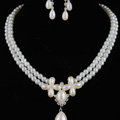 Vintage Wedding Bridal Jewelry Rhinestone Flower Two Layers Pearl Tassel Necklace Earrings Set