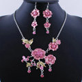 Wholesale Vintage Wedding Bridal Jewelry Alloy Tassel Flower Pink Rhinestone Necklace Earrings Set