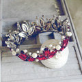 Vintage Luxurious European Style Tiaras Handmade Large Round Red Crystal Pearl Princess Bridal Hair Crown