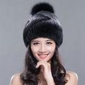 Calssic Winter Real Rabbit Fur Hat With Fox Fur Ball Women Knitted Casual Snow Caps - Black Grey