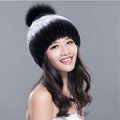 Calssic Winter Real Rabbit Fur Hat With Fox Fur Ball Women Knitted Casual Snow Caps - Black Purple