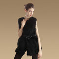 Elegant Genuine Real Raccoon Fur Vest Fashion Women Medium-long With Belt Fur Waistcoat - Black