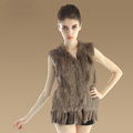 European Women Fashion Knitted Rabbit Fur Waistcoat With Raccoon Fur Tassels Vest - Khaki