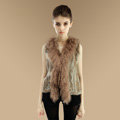 Genuine Knitted Rabbit Fur Vest With Delicate Mongolia Sheep Fur Collar Women Jacket - Brown