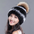 High Quality Winter Real Rabbit Fur Hat With Raccoon Fur Ball Women Knitted Snow Caps - Black White