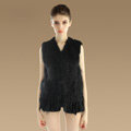 Luxury Fashion Knitted Rabbit Fur Waistcoat With Raccoon Fur Tassels Women Gliet - Black