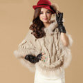 Luxury Raccoon Fur Collar Autumn Winter Rabbit Fur Shawl Poncho With Hoody Knitted Women's Sweatercoat Beige