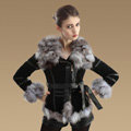 New Fashion Genuine Pig Leather Coat With Large Fox Fur Collar Women's Winter Fur Jacket - Black Grey
