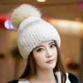 New Winter Real Rabbit Fur Hat With Raccoon Fur Ball Women Fashion Knitted Beanies Hat - Beige