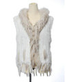 New Women Natural Rabbit Fur Vest With Hooded Large Raccoon Fur Collar Tassels Gilet - White