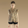 Newest Genuine Knitted Rabbit Fur Waistcoat With Raccoon Fur Collar Women Fur Vest - Brown