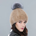 Top Quality Genuine Whole Mink Fur Hats With Silver Fox Fur Ball Women Winter Knitted Beanies - Camel