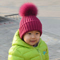 Winter Baby's Knitted Hat With Fox Fur Poms Poms Unisex Kids Casual Snow Caps - Wine Red