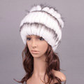 Winter Knitted Beanies Genuine Rex Rabbit Fur Hat With Fox Fur Flower Top Women Hat - White