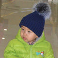 Winter Warm Baby's Knitted Hat With Sliver Fox Fur Poms Poms Unisex Kids Casual Snow Caps - Blue