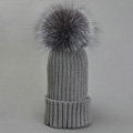 Winter Warm Cute Baby's Knitted Hat With Sliver Fox Fur Poms Poms Unisex Kids Casual Caps - Grey