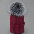 Winter Warm Cute Baby's Knitted Hat With Sliver Fox Fur Poms Poms Unisex Kids Casual Caps - Wine Red