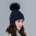 Winter Warm Knitted Beanies Hat With Fox Fur Poms Poms Women Couples Snow Caps - Blue