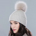 Winter Warm Knitted Beanies Hat With Fox Fur Poms Poms Women Unisex Casual Caps - Beige
