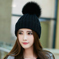 Winter Warm Knitted Beanies Hat With Fox Fur Poms Poms Women Unisex Casual Caps - Black