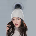 Winter Warm Knitted Beanies Hat With Sliver Fox Fur Poms Poms Women Snow Caps - Beige