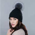 Winter Warm Knitted Beanies Hat With Sliver Fox Fur Poms Poms Women Snow Caps - Black