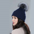 Winter Warm Knitted Beanies Hat With Sliver Fox Fur Poms Poms Women Snow Caps - Blue