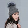 Winter Warm Knitted Beanies Hat With Sliver Fox Fur Poms Poms Women Snow Caps - Grey