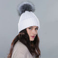 Winter Warm Knitted Beanies Hat With Sliver Fox Fur Poms Poms Women Snow Caps - White