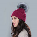 Winter Warm Knitted Beanies Hat With Sliver Fox Fur Poms Poms Women Snow Caps - Wine Red