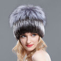 Women Winter Genuine Rex Rabbit Fur Hat With Fox Fur Pom Poms Top Knitted Beanies - Coffee Grey