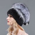 Women Winter Knitted Beanies Genuine Rex Rabbit Fur Hat With Fox Fur Pom Poms Top - Black Grey