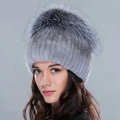 Women Winter Knitted Beanies Genuine Rex Rabbit Fur Hat With Fox Fur Pom Poms Top - Light Grey