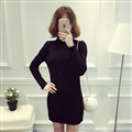 Dresses Women Winter Long Sleeved Pullover Solid Slim Package Hip knitted Midi Office - Black