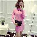 Dresses Women Winter Long Sleeved Pullover Solid Slim Package Hip knitted Midi Office - Pink